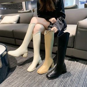 Boots Fashion Ladies Knee High Chelsea Boots 2023 AUTUME HIVER FEMME CHELS HEURS HOTS BOOTS ZIPPERS Square Toe Femme Bottes en cuir