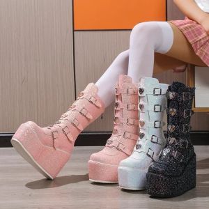 Boots Fashion dames Motorcycle Sequin Metal Boots Punk coin High Heel Chaussures Automne Wintum Femme Gothic Warm Gothic Boots