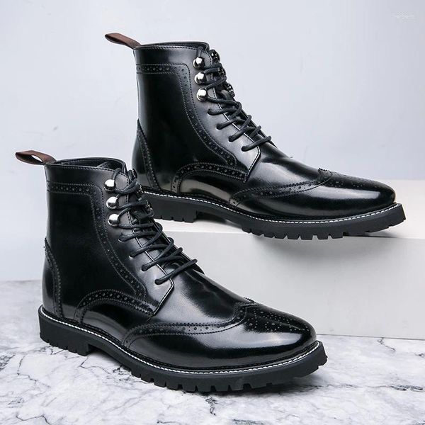 Botas Moda Hombres Zapatos Casuales Cuero de alta calidad Vaquero Negro Top Punk Trendy Punta puntiaguda Motocicleta para