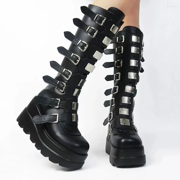 Bottes mode metal plaque ceinture bouclée genoue femmes épaisse plate-forme coin cale de talon haut punk femme chevalier