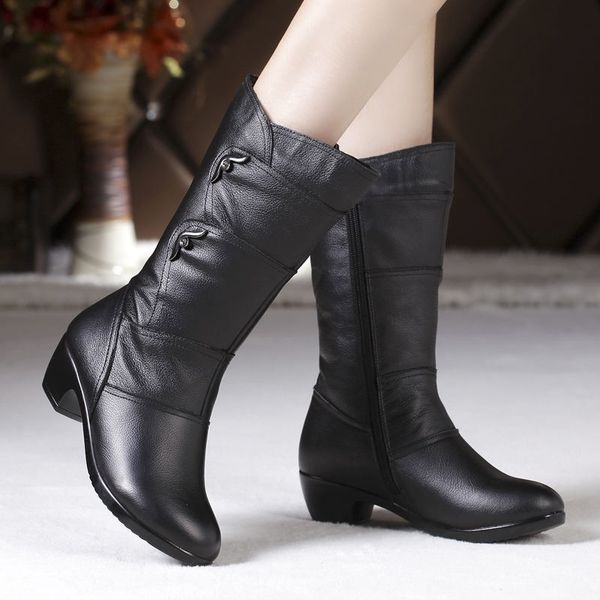 Botas Moda Medio Invierno Mujer Estilo Coreano Tacón Bajo Color Sólido Vellón Cálido Talla Grande Al Aire Libre Antideslizante 230921