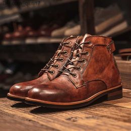 Bottes mode nouveau Vintage chaussures en cuir pour hommes robe affaires marron bottes pour hommes dentelle plat décontracté confortable chaussures pour hommes Z230803