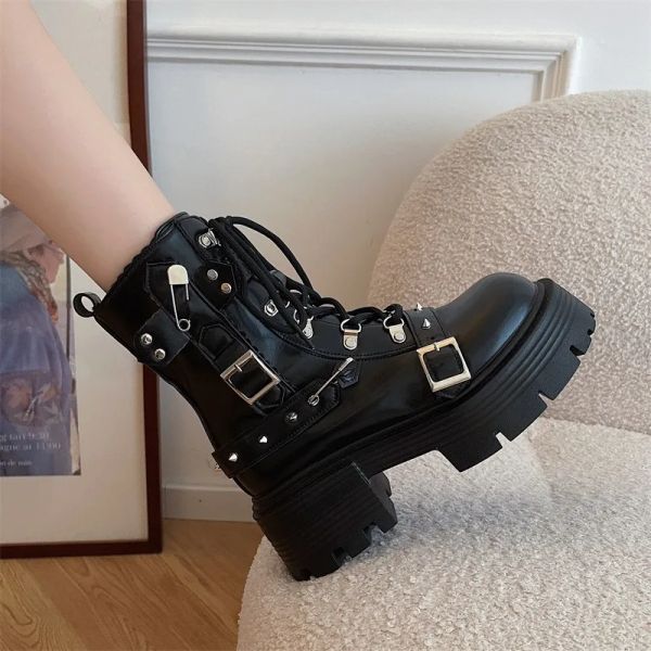 Boots Fashion New Women's Biker Boots Patent Cuir Patent Boots de plate-forme Lolita Boots Hivert