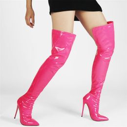 Laarzen Mode Lakleer Vrouwen Overknee Laarzen Vrouwen Terug Rits Lange Laarzen Dames Puntschoen Sexy Hoge Hakken Grote maten Schoenen 230801