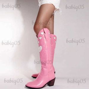 Mode Laarzen Roze Cowgirl Laarzen Voor Vrouwen Liefde Hart Western Cowboy Laarzen Puntschoen Instapper Dikke Hakken Vrouwelijke Knie Hoge Laarzen T231121