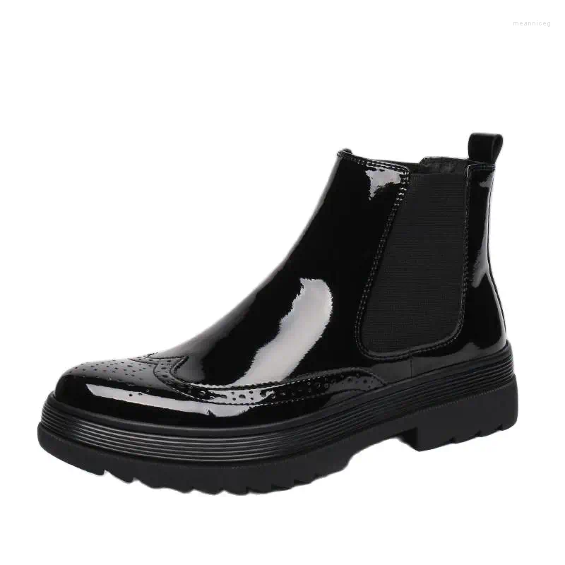 Botas moda plataforma altura aumentar patente couro escultura tornozelo homens redondo dedo do pé deslizamento em trabalho casual diário homens bota quente