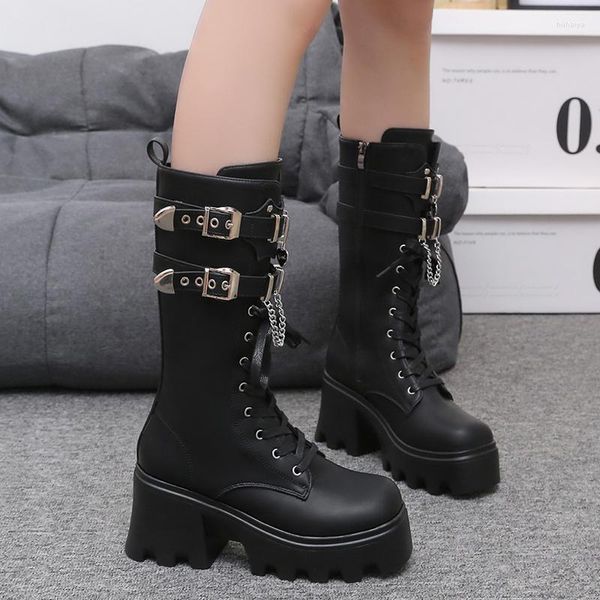 Botas Moda Plataforma Cuñas Motocicleta Para Mujer Hebilla Correa Hasta La Rodilla Zapatos Mujer Gótico Talla Grande 42