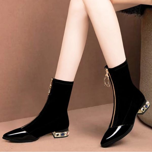 Botas de la moda Tobillo puntiagudo Botas Femenina de estilo Corea Corea Zapatos Partido de la cremallera Elegantes Tacones altos Botas Platlaforma Mujer