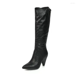 Laarzen Mode Puntschoen Dames Knie Hoge Slip Op Spike Hak Herfst Winter Dames Gebrek Goud Rood