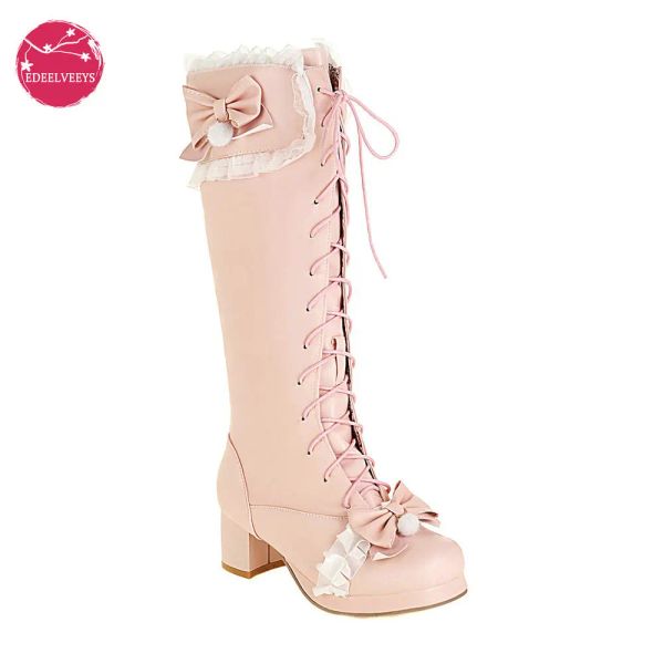 Botas moda princesa princesa lolita plataforma de boda zapatos diseño de lazo atado de lazo blanco tacones de color rosa blanco botas femenino borde de pelo bola de pelo