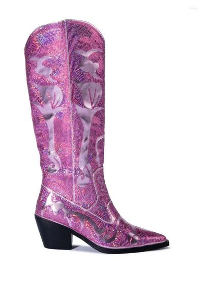 Botas Moda Rhinestones Pink Crystal Rodilla Tacones altos Tacones de mujer Blingbling Costura Punta puntiaguda Etapa larga