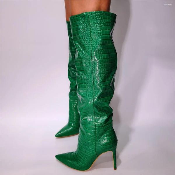 Boots Fashion Chaussures Green Crocodile Le cuir talons hauts hauts au-dessus de la cuisse de la cuisse de la cuisse 47 45