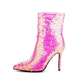 Bottes défilé de mode paillettes grande taille 35 45 femmes court Sexy bout pointu talons fins fermeture éclair latérale Zapatos Para Mujeres 231127