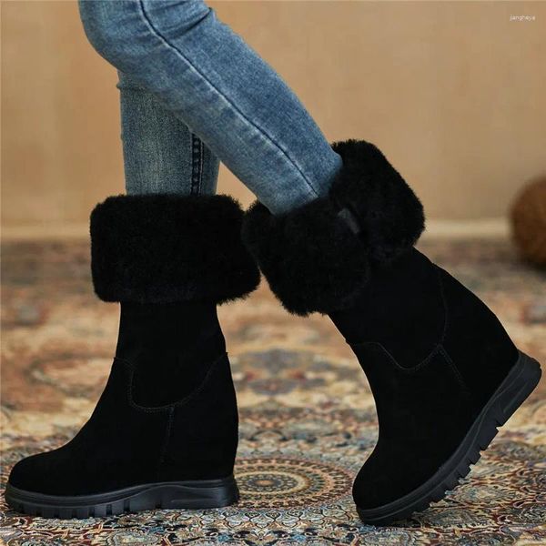 Boots Fashion Sneakers Femmes Généreaux en cuir High Heel Motorcycle Femme Femme Plateforme de fourrure chaude Hiver