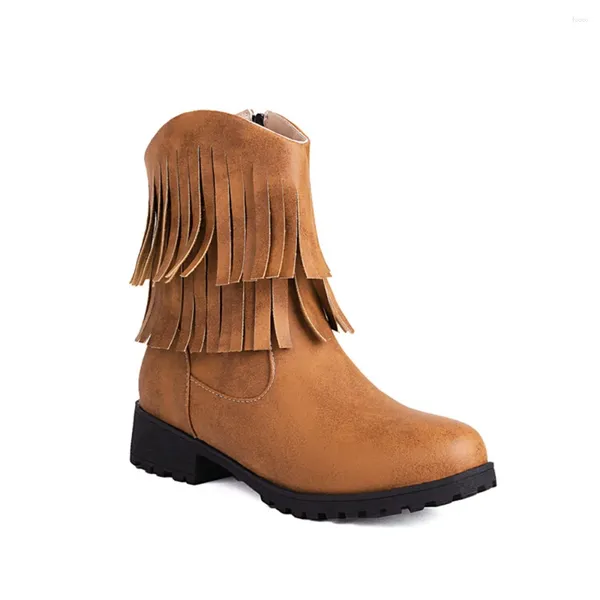 Botas Moda Borla Western Cowboy Mujeres Otoño Invierno Cremallera lateral Tacón grueso Tacón corto Damas Cowgirl Plataforma Zapatos Y-13