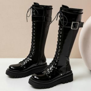 Boots Fashion Winter Shoes Femme's Knee High Boots plate-forme Lace Up Up Black Blanc Punk Long Combat Riding Ruding Bothotes étanche