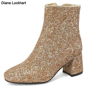 Laarzen mode dames enkel laarzen nieuwe lente glinsterende glitter laarsjes heldere glitter bling glanzende trend hoge hakken luxe designer schoenen hot