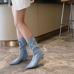 Laarzen mode dames enkel puntige teen sok booties stretch schoenen kruisen lave opgebonden dunne midden hakken blauwe zwarte herfstjurk bota's