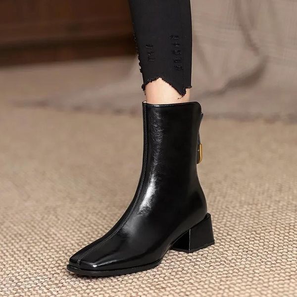 Boots Fashion Femmes Boots Toe Toe Zipper Mid Square Talon Boots Boots Boots Boots Lady Gentle Solid Color Patent Female Chaussures