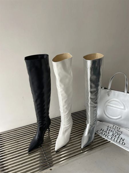 Boots Fashion Femmes Knee High Winter Boots Back Zipper Knight Chelsea Bottises Black Silver White Fashion Thin High Heels Pompes 3539