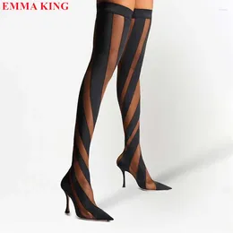 Boots Fashion Women Mesh Stretch over de knie puntige teen Stiletto Long Sock Brand Design High Heel Thigh 2024