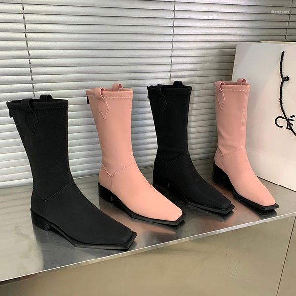 Bottes mode femmes mi-mollet noir rose couleur unie talons bas plats sans lacet hiver automne dames Botas bout carré cheville 39