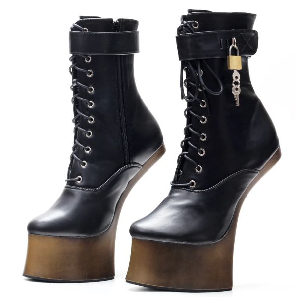 Botas de moda zapatos para mujeres de 18 cm 18 cm Tacón súper alto burro de burro de tacón fetiche fetiche disfraz de encaje y cerraduras de pony botas cortas