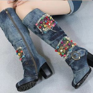 Bottes Fashion Chaussures pour femmes Automne et hiver Highheed Mediumdleg Denim Bottes Talons épais Bottes Femmes