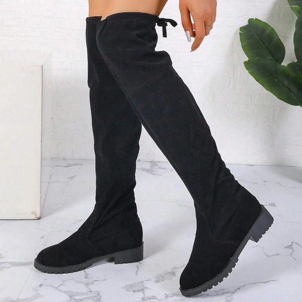 Botas de gamuza falsa para mujeres de moda coreana todas las botas elásticas de las botas elásticas con cordones sobre la rodilla Zapatos para Mujeres