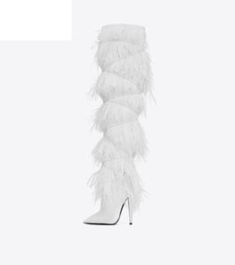 Bottes Feather Sexy Autruche Hair High Talon pointu Point Toe European et American Large Size Chaussures 2021 Fashion14063434