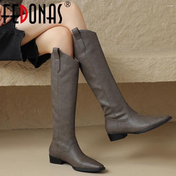 Boots Fedonas Autumn Winter Femmes Knee-High Talons épais Bureau Lady Elegant Chaussures Femme Basique Génétique Cuir Qualité 2024