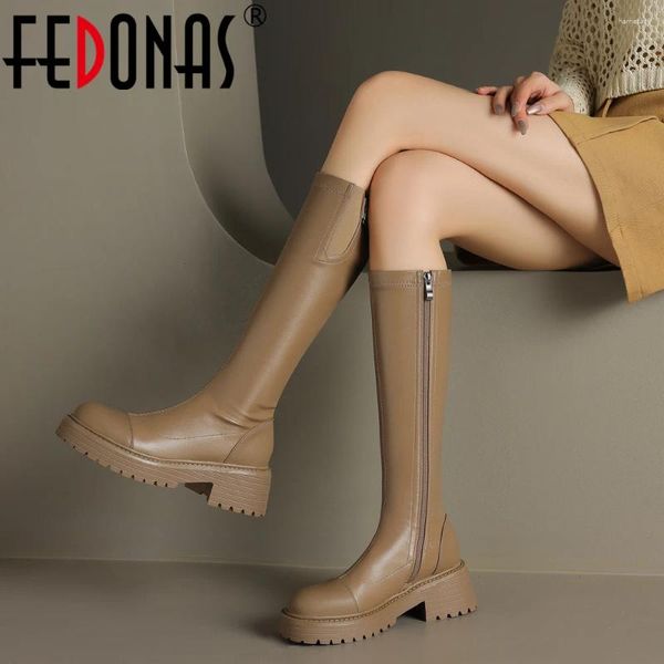 Boots Fedonas Basic Femmes Knee-High Autumn Winter Splicing Geatin Leather Side Zipper Office Lady Chaussures femme Round Toe Concise
