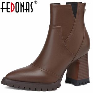 Boots Fedonas Mature High Heels Femmes Ankle Back Zipper Automne Hiver Généreaux Chaussures en cuir Femme Pointed Toe Office Lady Retro