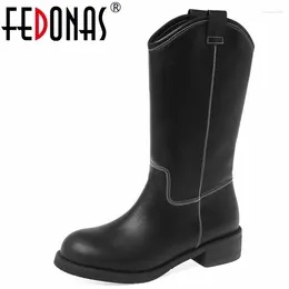 Boots Fedonas Vintage Femmes Véritable cuir mi-bouche talons épais