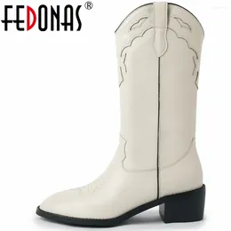 Boots Fedonas Vintage Femmes Mid-Calf Automne Hiver Couture Western Geatic Le cuir Bureau Talons épais Chaussures Femme