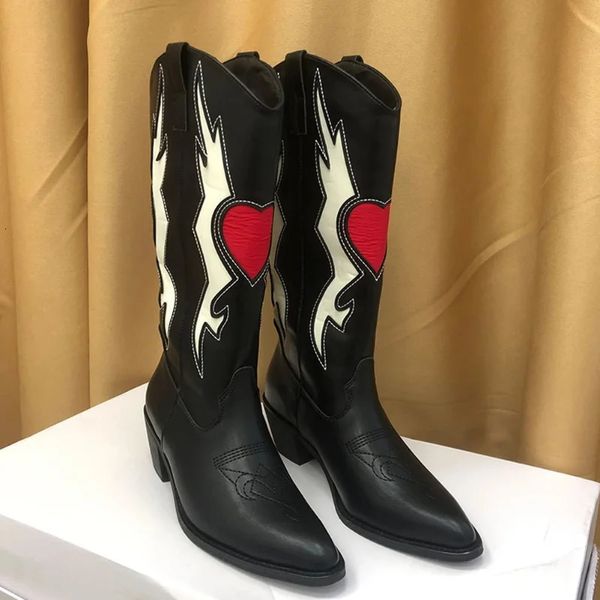 Bottes Femme amour coeur mi-mollet bottes femmes mignon Cowgirls Cowboy talon épais Vintage mode Punk Western botte broderie chaussures Mujer 231207