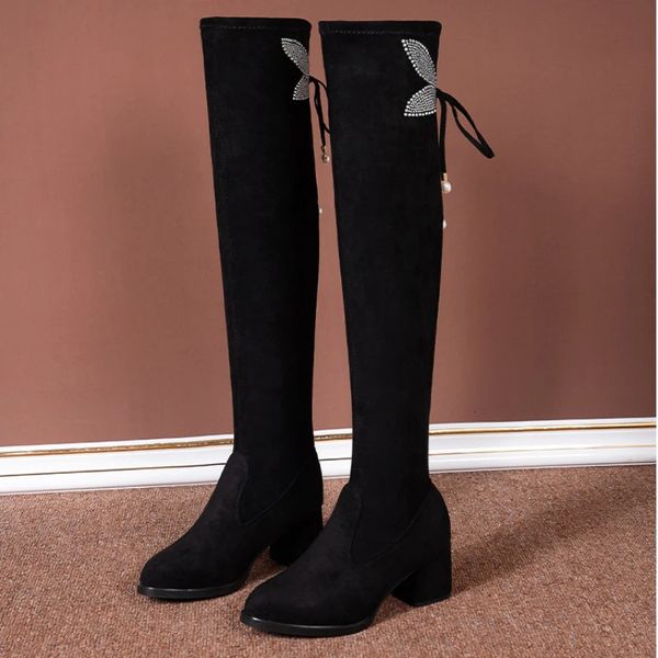 Bottes femme en vente sur le genou bottes pour femmes tissus extensibles talon haut sans lacet chaussures bout pointu femme longues dames bottes hautes 231122