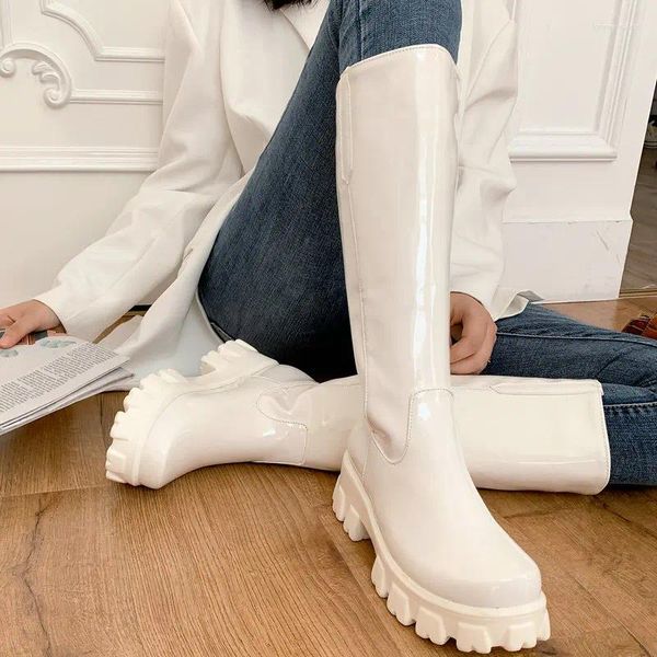 Boots Female Slope Talon Knee High Spring Au automne Slip on Loose Women's Shoes Fashion Winter Patent Leather Platform Knight