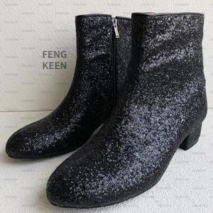 Laarzen Fengkeen Handmade dames mannen dikke grote grootte glinsterende bling zwarte glitterstijl lage hakken lage hakken enkel hakken bootie 19 51