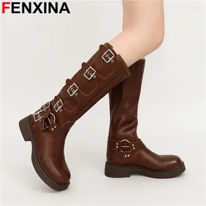 Boots Fenxina 2024 Fashion Faux Tox Knee High Women Buckle Cowboy Western Punk Autumn Winter Shoes