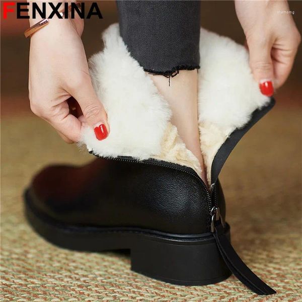 Bottes Fenxina Taille 34-40 Véritable plate-forme en cuir en cuir talons carrés d'hiver talons de la cheville Top Vente dames zipper Snow Boties