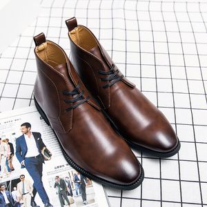 Laarzen ff02b Britse enkel mannen schoenen klassiek vierkante teen solide kleur pu woestijn kanten comfortabel modebedrijf casual dagelijkse ad079