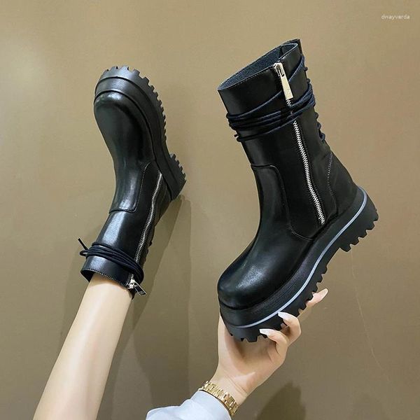 Bottes à talon plat Femmes Rubber Boots-Women Zipper Toe Round Luxury Designer Rain Madies Nice Med Autumn Mid Calf Botas de Mujer