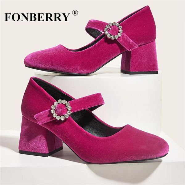 Boots Fonberry Retro Pink Veet Block High Heels Mary Janes Chaussures Femmes 2022 Crystal dames Bridal Wedding Part Prom Proms