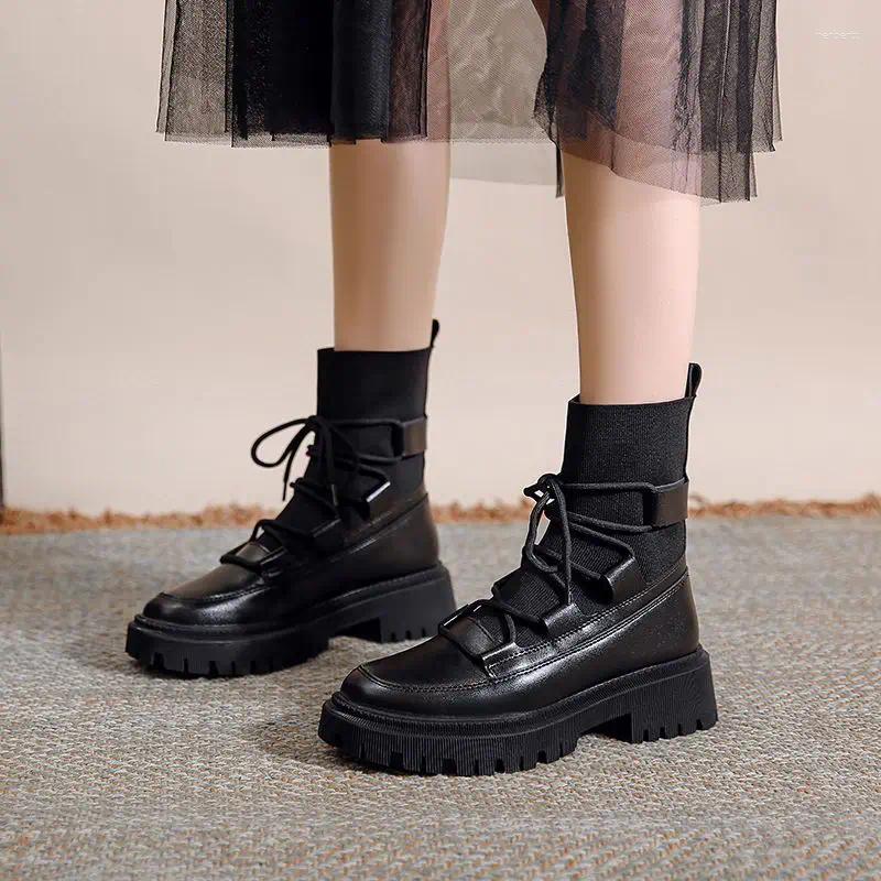 Boots Footwear Chunky Booties Leather Short Shoes For Women Platform Female Ankle With Laces Sock Lace-up Spring 2023 Trend