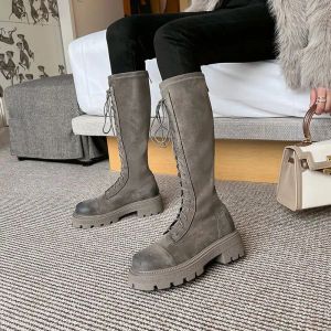 Boots Footwear Winter Knee Shaft Shaft For Women Laceup dames Boots With Laces Middle Heel Long Platform Work Y2k Quality Pu 39