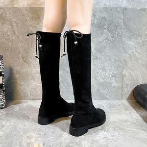 Boots Footwear Hiver Knee High Shaft's Woman With Laces Chaussures pour femme Lacet-up Elegant Bow Talons Long Imperproof Gyaru Chic Pu