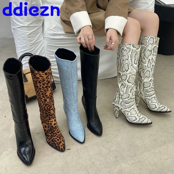 Chaussures de bottes avec des talons étranges nouvelles chaussures femmes genoues bottes hautes mode léopard imprimé longs dames bottes occidentales bottes femelles chaussures chaussures