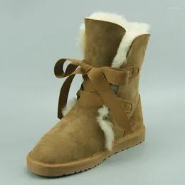 Bottes pour les femmes Natural Fur Woman's Snow Lace Up Green SheepSkin Leather Hiver Real Wool Chaussures