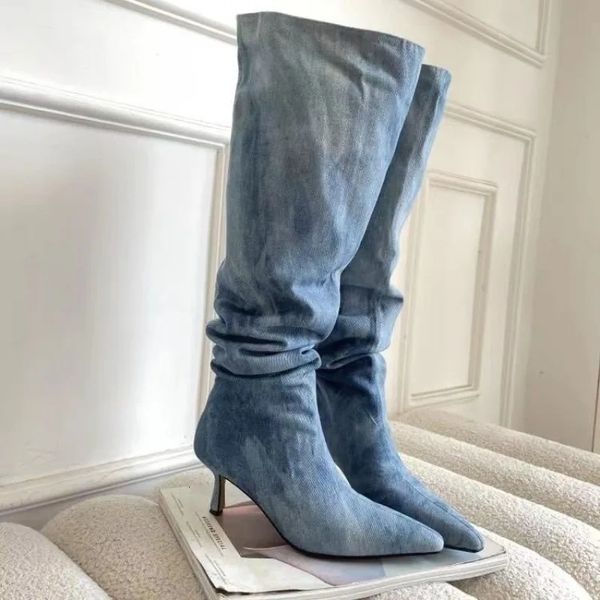 Botas para mujer Plisado Tacones altos Denim 2023 Otoño Jeans Rodilla Vaquero Azul Tacón fino Botas largas Feminina Combate Gótico Moderno 231110